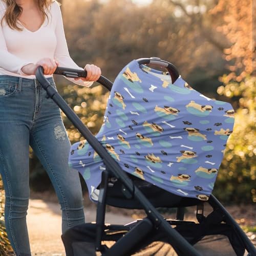 Image of Binienty Cute Pug Infant Carseat Canopy, Dog Paw Prints Breathable Breastfeeding Scarf for Moms, Stretchy Fabric All-Season Use Baby Stroller Canopies