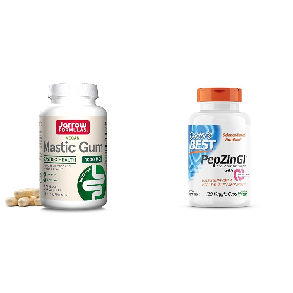 Jarrow Mastic Gum 1000mg & Doctor's Best PepZin GI Zinc-L-Carnosine Complex 120 Veggie Capsules Gastrointestinal & Digestive Support