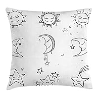 ABAKUHAUS Sketchy Throw Pillow Cushion Cover, Hand Drawn Image of Sun Moon Stars Emoji Kids Nursery Room Art Print Image, Decorative Square Accent Pillow Case, 20 X 20 Inches, Black and White