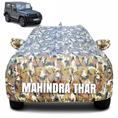 Image of 100% Waterproof Car Body Cover for Mahindra Thar with Mirror Pocket (Heat & UV Resistant, Triple Stitched, Soft Lining, Bottom Elastic & Piping) Camouflage, Military Print