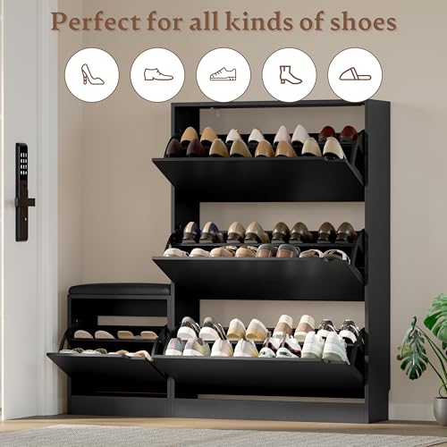 Image of BORNOON Shoe Cabinet with Bench and 3 Flip Drawers, Slim Narrow Shoe Storage Cabinet, Freestanding Shoe Rack Organizer with Adjustable & Removable Shelves, Anti-Tip for Entryway, Hallway, Foyer