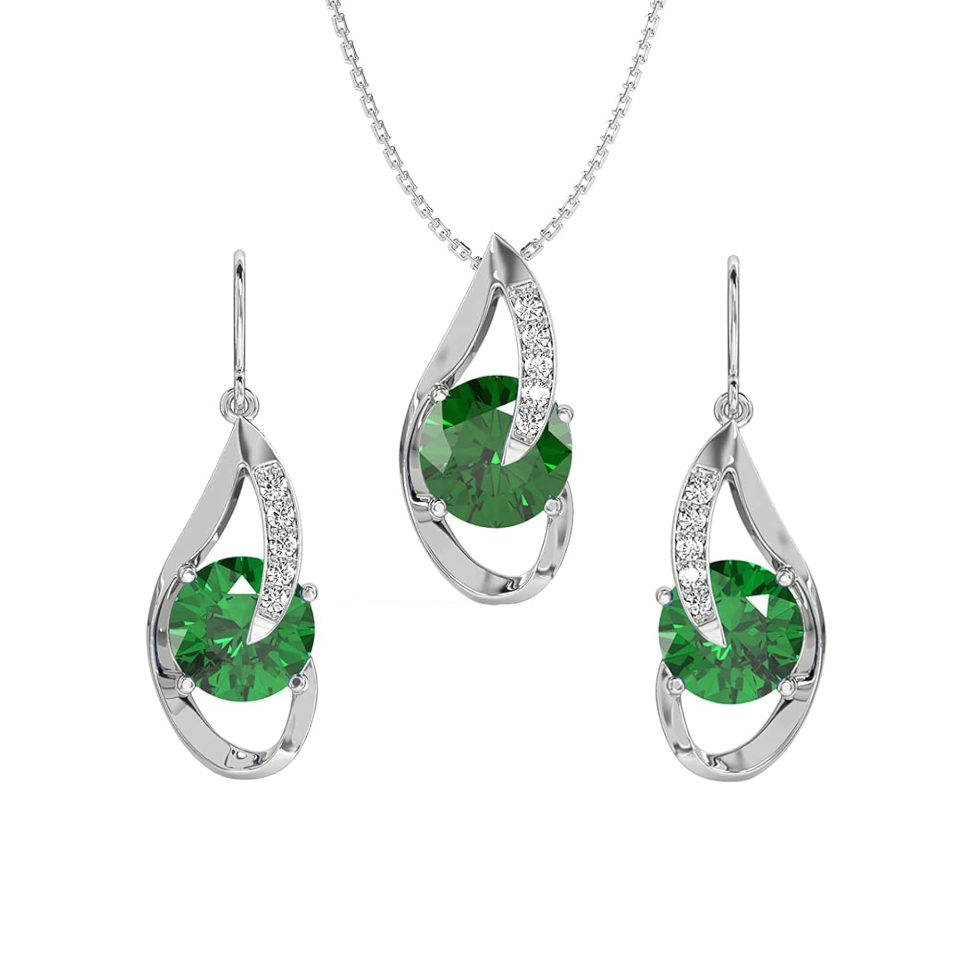 Women's 925 Silver Dark Green Eye Pendant Earring Chain Set