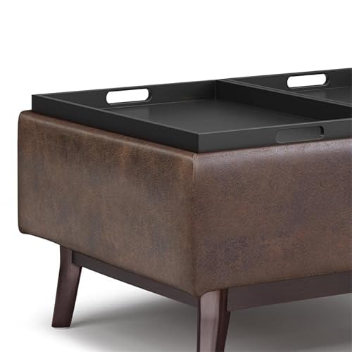 Pemberly Row Mid Century Faux Leather Storage Ottoman With Lift Top, Square Coffee Table For Living Room With Large Storage Space, Distressed Brown Upholstered Footrest With Wood Legs #TOP5