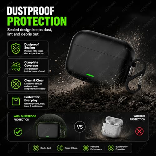 Image of Anvique Silicone Case Cover for Realme Buds T500 Pro, Shockproof Protective Earbuds Cover with Keychain Hook, Anti-Scratch Soft Silicone Skin, Full Body Protection Case (Black S)