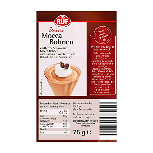 RUF Mocca-Bohnen aus feiner Zartbitter-Schokolade, zum Verzieren von Sahne-Torten, Kaffee-Desserts & Eis-Kaffee, mit mind. 50% Kakaoanteil, 1 x 75g