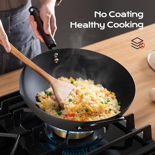 Image of FGJ Wok, 13 Inch Carbon Steel Woks & Stir-fry Pans Nonstick | Pre-Seasoned 5.8QT Flat Bottom Chinese Wok Paella Pan with lid,PFOA /PTFE free Cookware Compatible with All Cooktops