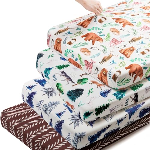 Image of 4 Pack N Play Sheets Woodland Forest Animals Wood Neutral Unisex Fitted Baby N Play Sheets Fitted for Standard Pack and Plays and Mini Cribs Set for Baby Boys or Girls