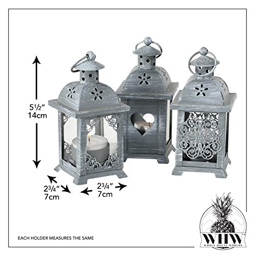 Whw Whole House Worlds Romantic French Country Style Hearts, Flowers And Lace, Candle Lanterns, Set Of 3, Led Tea Light Holders, 2.75 X 2.75 X 5.5 Inches (7 X 7 X 14 Cm), Gray Metal A #TOP7