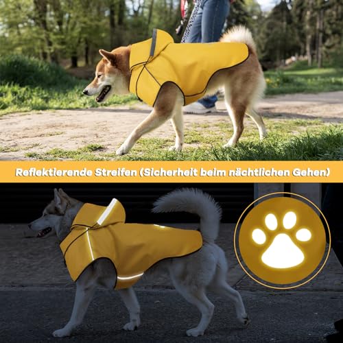 Regenjacke Hund mit Kapuze, Wasserdicht Hunderegenmantel mit Reflektierenden Streifen, Verstellbar Regenmantel Hund, Ultraleicht für große mittlere kleine Hund für Spaziergänge, zum Spielen (M | Gelb)