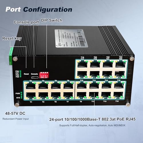 Image of 24-Port Gigabit Network Switch, L2+ Managed PoE Ethernet Switch, Support IEEE802.3af /at, Ring Network, VLAN, IPv4 /IPv6 Management, Plug and Play, Din-Rail Design