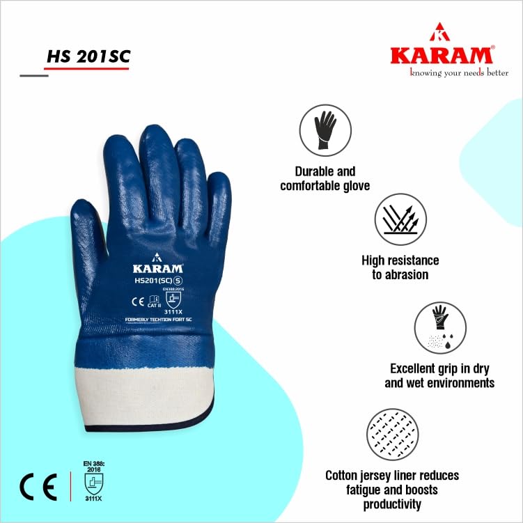 Image of Karam HS201(SC) Nitrile Fully Coated Safety Glove with Safety Cuff | Excellent Flexibility & Dexterity | Oil Repellent, Abrasion Resistant Work Gloves | Size-L | Pack of 3