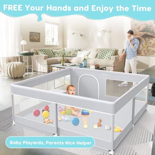 Baby Playpen, 50x50 Inch Baby Playard for Babies and Toddlers, Play Pens for Indoor & Outdoor, Sturdy Safety Play Yard with Soft Breathable Mesh, Anti-Fall, Grey - Image 3