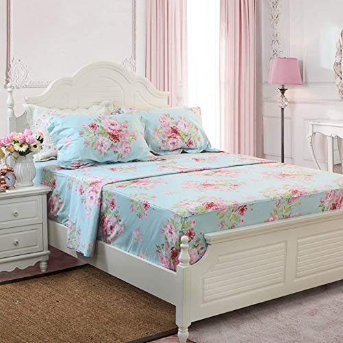 Usning Floral Sheet Set, Soft 100% Cotton Shabby Pink Rose Print Bed Sheet Set With Deep Pocket Fitted Sheet, Flat Sheet And Pillowcases, 4-Piece King Size #TOP5