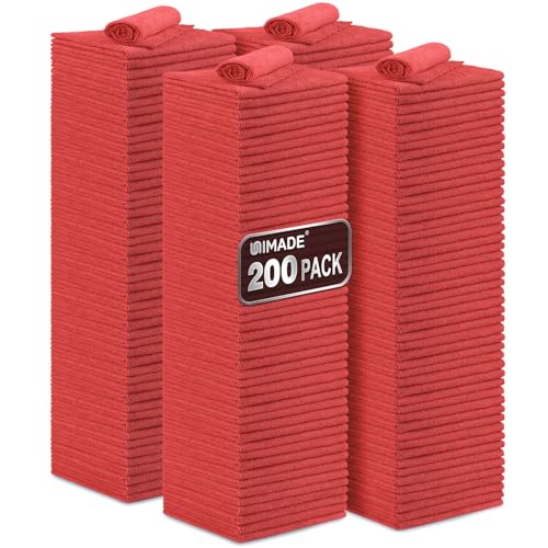 UNIMADE Shop Towel Rag 200 Pack Reusable Rags Bulk Microfiber Cleaning Cloth Lint Free Towels for Car Kitchen Automotive Bar Mechanic Restaurant Garage 11.5x 11.5 Red
