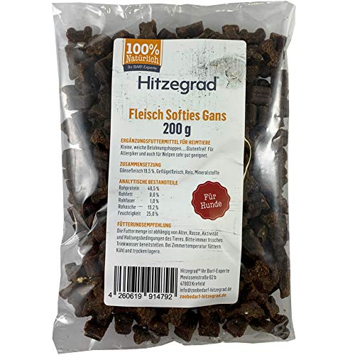 Hitzegrad Fleisch Softies Trainingsleckerli für Hunde, Kaninchen, Strauß, Lachs, Gans, 4er Pack (4 x 200 g)