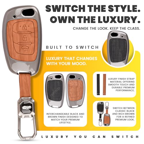 Image of Car Key Cover Compatible with Hyundai Creta, Venue, Tucson, Alcazar, i20, Grand i10 Nios, Aura, Xcent, Exter 3-Button Smart Flip Key (Dual Leather Metal (Black & Brown))