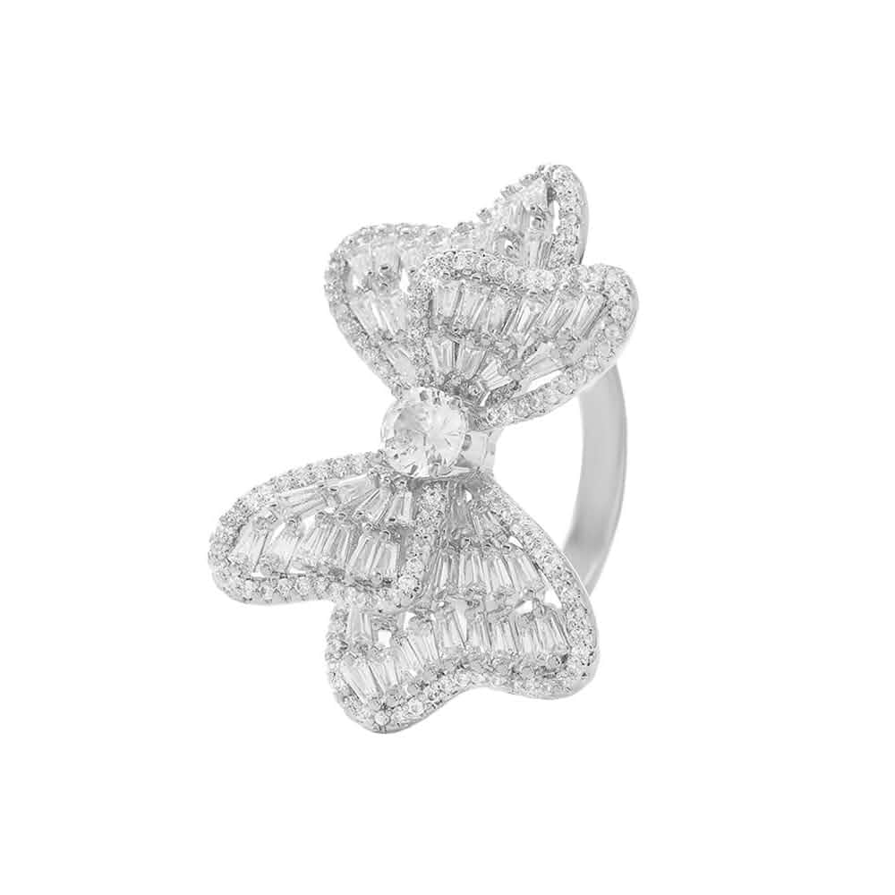 Luxury Rhinestone Bowknot Open Ring For Women Gold Silver Plated Adjustable Sparkly CZ Crystal Butterfly Finger Band Statement Bow Tie Ribbon Rings Fashion Shiny Wedding Promise Cocktail Jewelry For Her Gifts