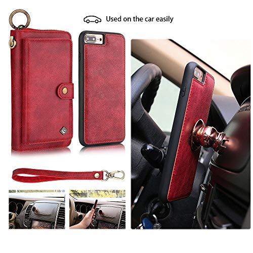iPhone 7 Plus Wallet Case - JAZ Zipper Purse Detachable Magnetic14 Card Slots Card Slots Money Pocket Clutch Leather Wallet Case for iPhone 8 Plus/iPhone 7 Plus Red
