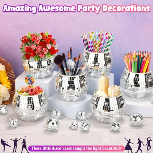 Image of 16 Pcs Disco Ball Vase Sets, 6 Pcs Disco Ball Vase Disco Ball Flower Vase & 10 Pcs Disco Balls with 3 Sizes, 3 inch X 4 inch Disco Ball Planter Candle for Wedding, Birthday, Party