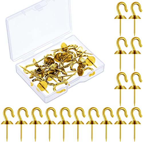 Image of Hotop 60 Pieces Push Pin Wall Hooks Metal Thumb Tack Hangers Iron Alloy Nail Decorative Picture Hooks for 20 Lbs Home Office School Party Supply (Gold)
