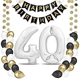 🎈 40. DECORACIÓN DE CUMPLEAÑOS - Juego de 40 globos de papel de aluminio: 32" (81 cm, color plateado) + Guirnalda de feliz cumpleaños + 24 globos de látex (color dorado, plateado y negro) + 2 globos de confeti + decoración de mesa. Un acabado de calidad para una gran sorpresa.