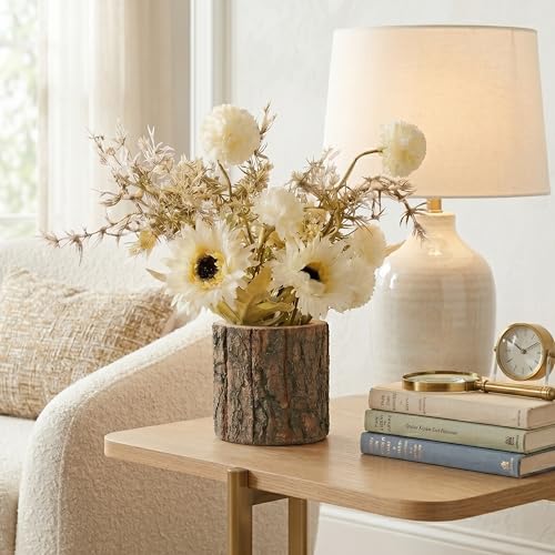 Image of Dekorly Artificial White Dry Daisy Flower with Real Wooden Vase (28CM Overall Height) | Decorative Lifelike Faux Floral Plant in Rustic Tree Log Pot for Living Room (White Dry Daisy)