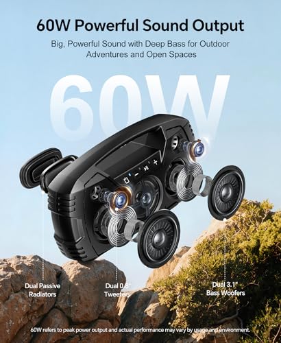 IPX7 Waterproof Outdoor Bluetooth Speaker, Wireless, 60W Power, 32H Playtime, Floating Design, Deep Bass & Loud Stereo Sound, Portable with Handle, Rugged for Pool, Beach, Kayaking, Hiking, Black - Image 3