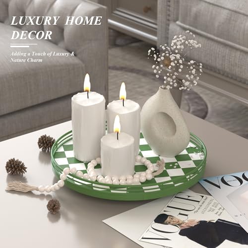 Image of Premium Rubber Wood Lazy Susan Turntable, Green White Checkerboard Decorative Serving Tray, Hand-Welded Metal Railing, Stable Rotating Organizer for Dining Table, Kitchen Counter, Coffee Table Decor