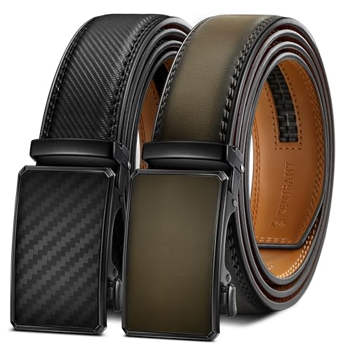 Image of KEMISANT Men Belt 2 Pack, Leather Ratchet Belt Easy Click Slide For Men 1 3 /8 inch,Cut for Fit