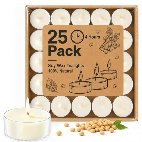DILILILI Tea Lights Candles Votive Candles Bulk 25 Pack 4 Hour Long Burning Unscented Non-Toxic Soy Wax Tealight Candles for Wedding Centerpieces Home Decor Emergency Party Use