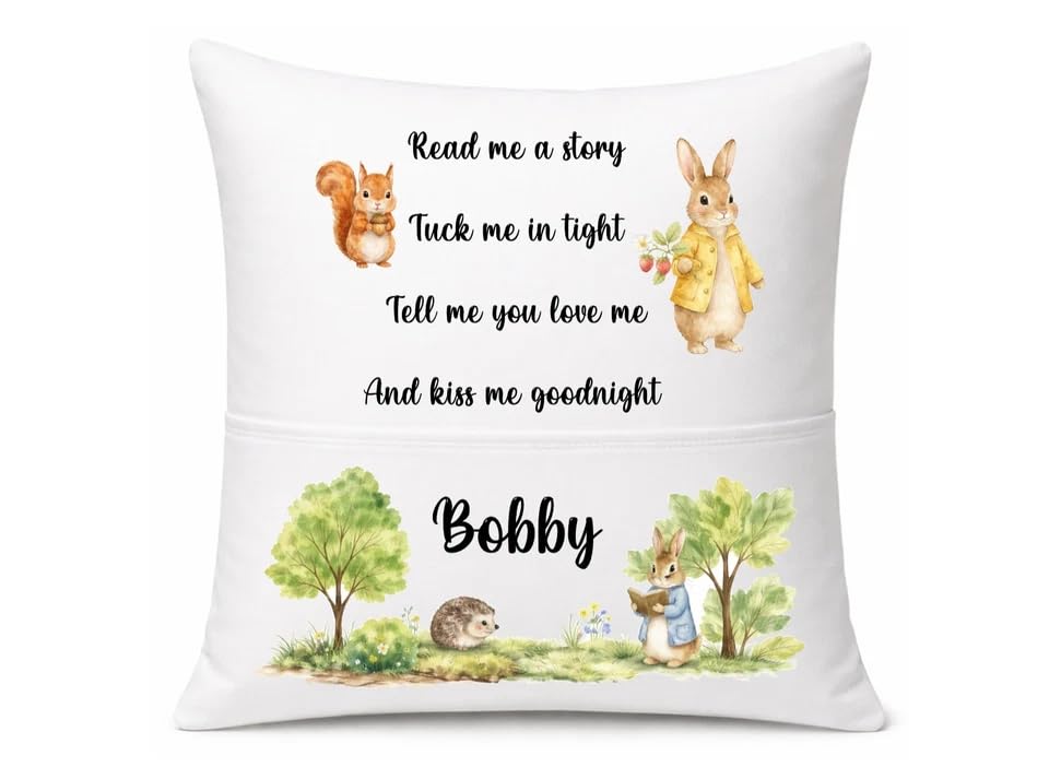 Personalised Kids Reading Pocket Cushion Cover 40 x 40 cm, Custom Name Bunny Rabbit Nursery Pillowcase, Bedtime Story Book Holder Gift for Girls and Boys, Cover Only