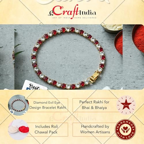 Image of eCraftIndia Red White Stone Studded Evil Eye Bracelet Rakhi with Best Bro Ever Fridge Magnet | Designer Rakhi for Brother Bhaiya Bhai Bhabhi | Roli Chawal Pack