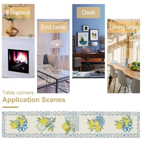 Image of Mediterranean Lemon Table Runner - Blue Tile Border with Watercolor Yellow Lemons and Floral Design - Summer Dining Table Decor for Kitchen or Patio 13x72 Inch