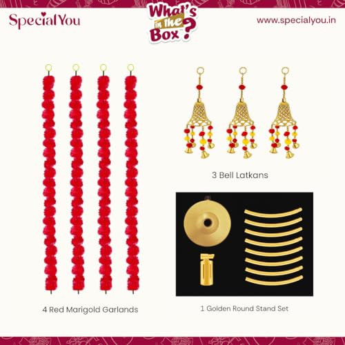 Image of SpecialYou Ganpati Decoration Setup for Home with Round Backdrop Stand, 4 Marigold Garlands & 3 Bell Latkans for Decor | Ganpati Decoration Stand for Home | Ganapati Decorations Item (Red, 8)