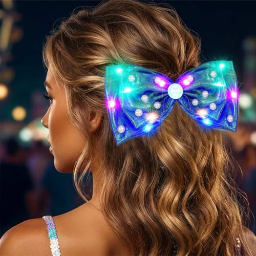 HEREAD Light Up Hair Accessories LED Pearl Hair Bow Party Hair Clips for Women and Girls (Purple Green)