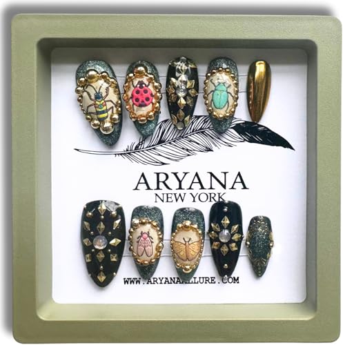 ARYANA NEW YORK Handmade Press-On Nails – Medium Almond, 3D Crystal Luxury Design, False Tips for Women – Love Bugs Collection (Medium) ARYANA NEW YORK Handmade Press-On Nails – Medium Almond, 3D Crystal Luxury Design, False Tips for Women – Love Bugs Collection (Medium)