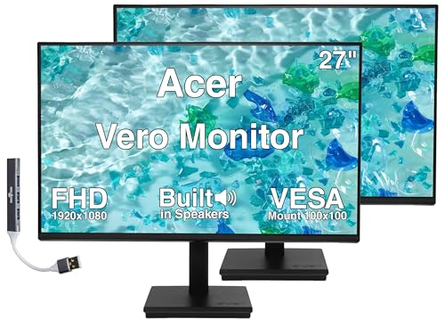 Image of Acer Vero 27 inch FHD USB-C Monitor with Speakers, Anti-Glare | VESA Mount (100mm), Displayport, HDMI & Dockztorm USB Port Expander, Black Color 2 Pack