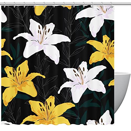 Rideau de douche imperméable contre les fuites d'eau motif lys noir