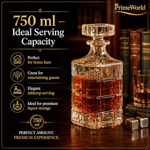 Image of PrimeWorld Glass Liquor Decanter (750 ml) with Airtight Stopper | Premium Spirits Decanter for Whiskey, Vodka & Bourbon | Elegant Decanter Bottle for Home Bar, Party Decor & Gifting