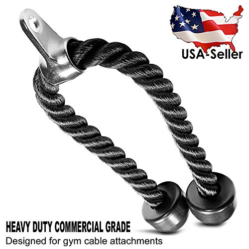 FITNESS MANIAC Deluxe Heavy Duty Solid Curl Bar Revolving Hanger Home Gym Cable Attachments Training Rubber Handgrips/Tricep Rope/Snap Hooks (Shipping from USA)