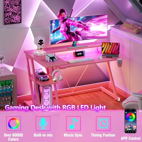 Image of Korfile 47 Inch Pink Gaming Desk with Power Outlet & LED Lights, Corner Computer Desk with 3 Tiers Storage Shelves, L Shaped Gaming Desk with Monitor Stand for Bedroom