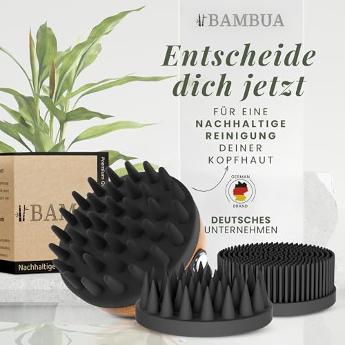 BAMBUA Kopfhaut Massagebürste - (3 AUFSÄTZE) vielseitige Kopfmassage Bürste mit Anti-Schuppen Effekt - Premium Haar Massagebürste Haare - Utensilienset inkl. E-Book „Gesunde Kopfhaut“ (Schwarz)