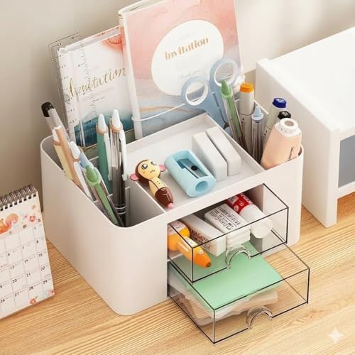 Image of Study Table Organizer with Drawers | Desk Organiser for Students | Stationery Storage Box | Office Table Organizer | Study Desk Accessories Holder (White)