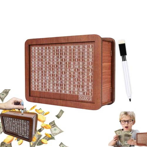 Money Saving Box,2024 New Wooden Cash Vault Piggy Bank for Adults Kids, Saver Money Box with Counter,Wooden Money Box with Money Target and Numbers, Challenges Cash Saving Box Storage Money (10000$)