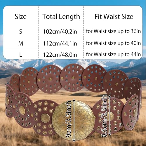 Wide Disc Belt for Women Cowboy Vintage Western Concho Leather Waist Belts Boho Disk Y2k Belt for Skirts Pants Dress3