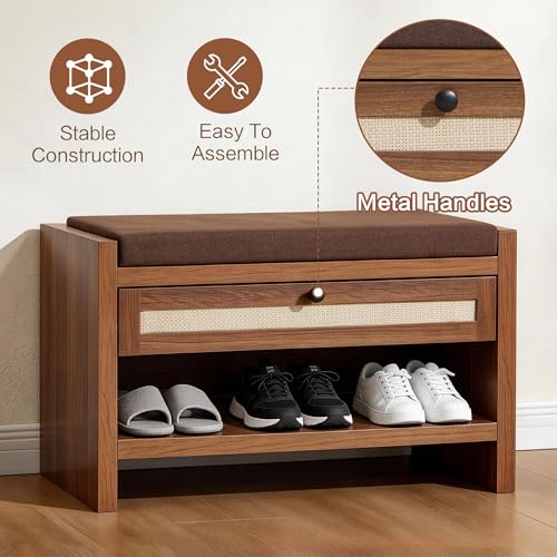 VipDesk-Rattan-Shoe-Bench-with-Storage-Drawer-and-Cushion-Seat-Walnut-Wood-Entryway-Bench-330-lbs-Capacity-Waterproof-for-Hallway-Bedroom-Living-Room