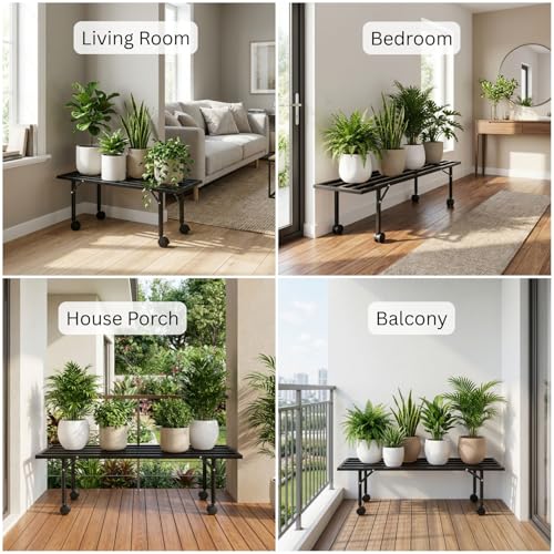 Image of ecofynd Scot 35 Inch Plant Stand with Wheels for Outdoor Balcony, Flower Pot Stand for Indoor Plants, Large Metal Planter Stand for Living Room, home decor, Indoor & Outdoor plants, 1 Tier (PS051-BLK)