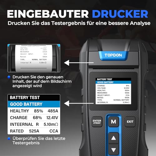 Topdon BT300P Autobatterietester 12V 24V mit Drucker für Kfz
