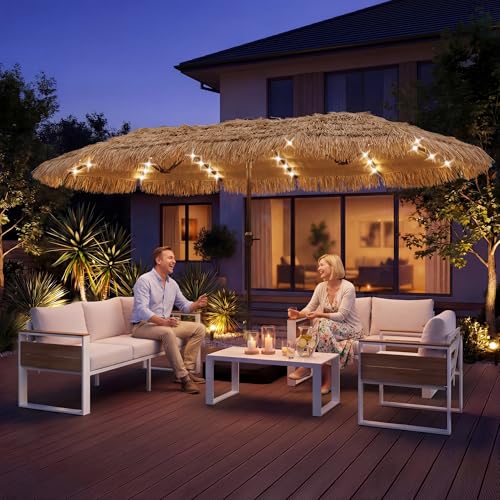 ENSTVER 15ft Tiki Large Patio Umbrella with Heavy-Duty Base Rectangular Outdoor with Solar Lights for Large Patios Decks and Outdoor Dining Areas(Tiki)