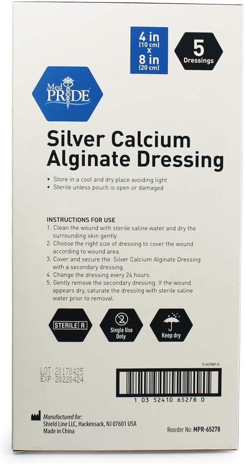 MED PRIDE Silver Calcium Alginate Wound Dressing Pads, Pack of 5, Non Stick, Highly Absorbent, Seaweed Fiber Layers, 20x Absorbency (4'' x 8'')